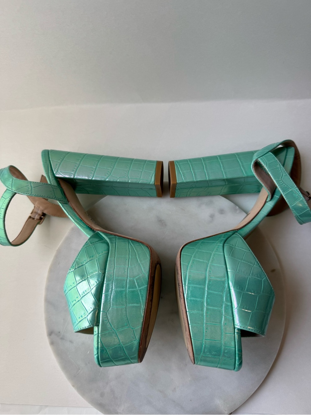 Stuart Weitzman Aqua Croc-Embossed Platform Sandals - Picture 9 of 16